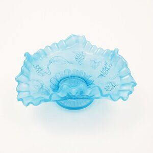 Blue Opalescent Glass Bowl, Grape Vine Pattern, #245, Footed, Crimped/Ruffled Ed